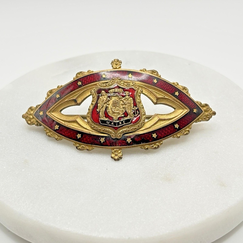 Antique Victorian Sash Pin Guilloche Enamel Pin Brooch Maine Coat of Arms